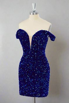 Expertly designed for a stunning and sophisticated look, our Fitted Royal Blue Off-the-Shoulder Sequin Mini Dress features an off-the-shoulder neckline and a figure-hugging, sequin-covered skirt. The lace-up back adds a touch of elegance while ensuring a perfect fit. Make a statement at any event with this unique and stylish dress. ♡ SKU: FV12833 ♡ Fabric: Sequin ♡ Silhouette: Bodycon ♡ Back Style: Lace-Up ♡ Embellishment: Sequin ♡ Length: Above Knee ♡ Fully lined & Built with bra ♡ Size: US 2-1 Royal Blue Sequin Dress Short, Royal Blue Sequin Mini Dress For Night Out, Glamorous Royal Blue Sequin Dress, Shine Clothes, Fitted Royal Blue Sequin Mini Dress, Tulle Wedding Dress Mermaid, Glamorous Blue Off-shoulder Mini Dress, Velvet Homecoming Dress, Feather Homecoming Dress