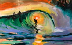 an oil painting of people surfing in the ocean at sunset, with one person standing on a surfboard