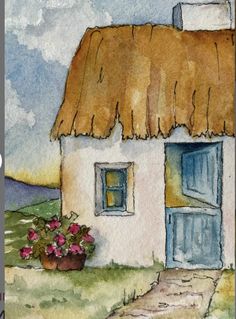 a watercolor painting of a thatched roof house with flowers in the foreground