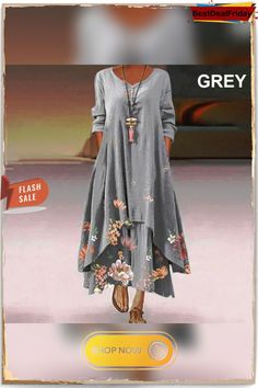 Women Casual Floral Print Long Sleeve Round Neck Double Layer Maxi Dresses Floral Casual Ethnic Style Loose Long Dress Folk Style Long Sleeve Floral Print Dress, Folk Style Long-sleeved Floral Print Dress, Gray Bohemian Dresses For Fall, Bohemian Gray Dresses For Fall, Gray Bohemian Dress For Fall, Loose Long Dress, Dresses Floral, Dresses By Length, Women Long Dresses