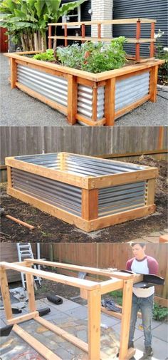 an outdoor planter made out of metal pipes and wooden slats with plants growing in it