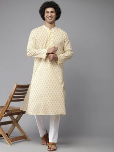 MEN'S YELLOW COTTON FLORAL PRINTED KURTA PAJAMA SET Traditional Wear, Top Fabric, Mandarin Collar, Floral Printed