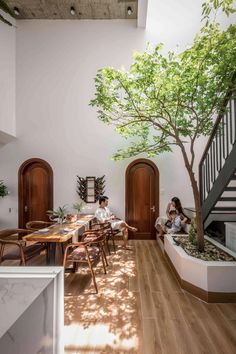 two people sitting at a table under a tree in a room with wooden floors and white walls