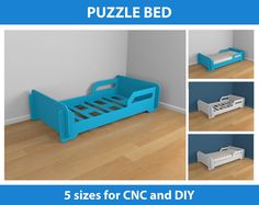 there is a blue bed with four different stages to make it into a toddler bed