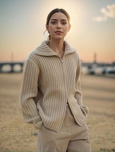 Peilia - Womens Fashionable Solid Zip Up Rib Knit Cardigan with Long Sleeve Sweater and Casual Turndown Collar Winter Beige Ribbed Outerwear, Cozy Ribbed Beige Outerwear, Seasons Winter, Rib Knit Cardigan, Turndown Collar, Fabric Medium, Bear Print, Casual Fit, Chest Pad