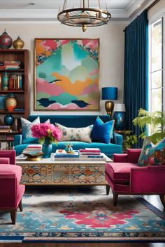 a living room filled with lots of furniture and colorful paintings on the wall above it