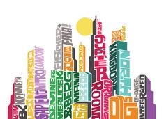 the words are all different colors and sizes in this wordclot design, which includes an image of a city with skyscrapers