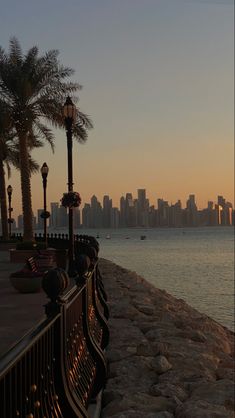 the sun is setting over the water and palm trees are in front of the city skyline