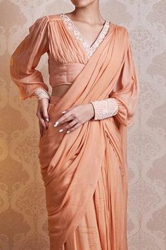 Shop for Soha by Harleen and Sona Peach Chinnon Chiffon Noor Pre-draped Saree With Blouse for Women Online at Aza Fashions Balloon Sleeves Blouse, Chiffon Embroidery, Draped Saree, Drape Saree, Luxury Sale, Sleeves Blouse, Pleated Blouse, Pattern Embroidery, Blouse For Women