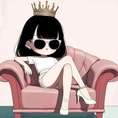 a woman sitting on top of a pink couch with a crown on it's head