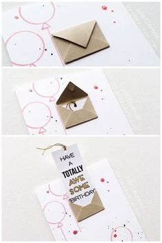 three different pictures showing how to make an origami house with a card attached