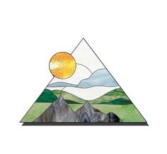 a triangle with mountains in the background and a yellow sun above it that is on top of a mountain