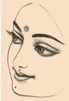 a drawing of a woman's face with her eyes closed and the nose pierced