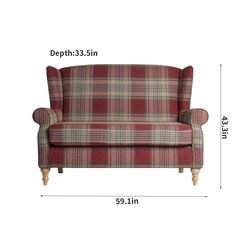 the measurements for an upholstered loveseat with plaid fabric and wood legs