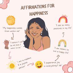 a woman's face with the words affirmations for happiness