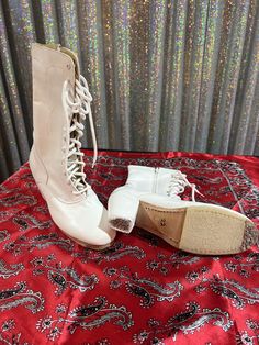 White Leather Made in México  Zipper on side  Nails on bottom of heels & toe Refunds will be given for UNUSED pairs ONLY.  Exchanges will be made for UNUSED pairs ONLY.  Customer is RESPONSIBLE for any return shipping costs. White High-top Lace-up Leather Boots, Victorian White Boots, White Lace-up Vintage Boots, White Lace-up Leather Hiking Boots, White Leather Lace-up Hiking Boots, Costume Shoes, Girl Costumes, White Leather, Girls Shoes