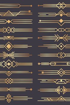 a set of gold art deco elements on a black background, including lines and arrows