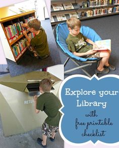 there is a boy sitting in a chair reading and looking at the bookshelf