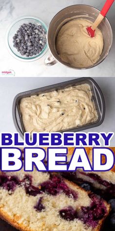 blueberry bread is sliced and ready to be eaten with the words blueberry bread in front of it