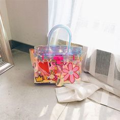 Medium Pink Floral Holographic Satchel Handbags Shoulder Clear Purse for $78.00 | Baginning Clear Purses, Clear Bags, Satchel Handbags, Winter Colors, Womens Purses, Clutch Handbag, Shoulder Bag Women, Paper Shopping Bag, Cross Body Handbags