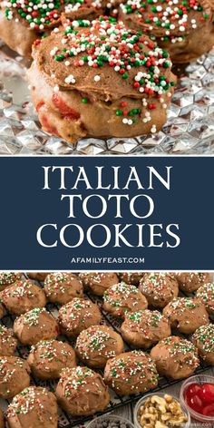 italian toto cookies with sprinkles on top and in the background, there is