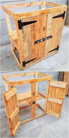 this is an image of a wooden cabinet made out of pallet wood and metal