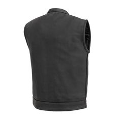 -CUSTOMIZE IT- FIM686CPM | Hotshot - Men's Motorcycle Leather Vest Looking for a clean, classic club style vest? The Hot Shot has a banded collar, covered snaps and covered, cropped center zipper. Four pockets up front, and a single panel back with two conceal carry pockets. It's got a mesh lining, with easy access panels for adding patches and embroideries. It's also got blacked out zippers for a uniform look. Features: 1.3-1.4mm Platinum Naked Cowhide Leather Club style with banded collar, cov Classic Sleeveless Solid Outerwear, Black Vest With Padded Collar, Classic Fitted Vest For Biker Events, Motorcycle Leather Vest, Access Panels, Style Vest, Motorcycle Leather, Biker Leather, Motorcycle Outfit