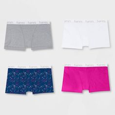 Get the perfect fit for your curves with Hanes Premium Women's Boyfriend Cotton Stretch Boxer Briefs. These women's boxers are designed to provide all-day comfort, thanks to the Comfort Flex waistband and ringspun cotton stretch fabric. With a mid-rise waist and full coverage front and back, they offer superior comfort and a moves-with-you fit. Tagless and available in an assorted 4-pack, this comfy women's underwear updates the classic boxer brief style with a feminine touch. Boxers For Girls, Boxer Breifs, Rhinestone Lingerie, Pink Boyshorts, Womens Boxers, Cute Boxers, Tan T Shirt, Fall Leggings, Peyton List