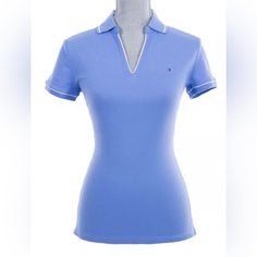 Tommy Hilfiger Women's 100% Cotton Polo Shirt (Low V-Neck And Cap Sleeve) With Signature Micro Tommy Hilfiger Flag On The Chest. Size Small New With Tags Classic Blue Stretch Tops, Light Blue Fitted V-neck Top, Fitted Light Blue V-neck Top, Tommy Hilfiger Blue Short Sleeve Tops, Blue Fitted Johnny Collar Top, Tommy Hilfiger V-neck Tops, Tommy Hilfiger Classic Summer Tops, Fitted Tommy Hilfiger V-neck Tops, Fitted V-neck Tommy Hilfiger Tops