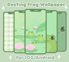 four green frog wallpapers with water lilies and lily pads in the background