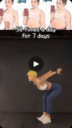 the woman is doing an exercise on her cell phone and has text that reads, 50 times a day for 7 days