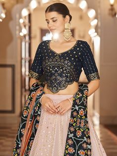 <ul>
<li style="text-align: justify;">Create an opulent effect with your fashion sense by wearing this elegant light pink color lehenga made with georgette material accomplished with sequins work and thread embroidery.</li>
<li style="text-align: justify;">This light pink lehenga comes with a navy blue color choli made with georgette material designed with classy sequin work and thread embroidery. It also comes with a navy blue color cotton material dupatta.</li>
&l Pink Wedding Lehenga, Light Pink Lehenga, Pink Color Lehenga, Lehenga Silk, Georgette Material, Georgette Lehenga, Net Lehenga, Pink Lehenga, Lehenga Choli Online