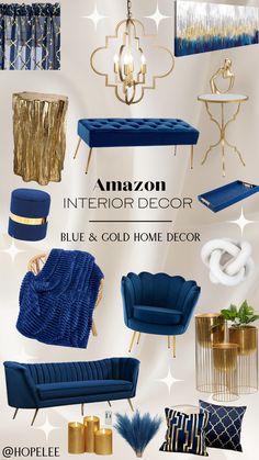 blue and gold home decor is featured in the ad for amazon's interior decor