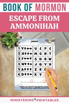 the book of mormon escape from ammonnahh is shown with a hand holding a pencil