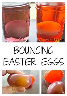 an image of bouncing easter eggs in jars with text overlay that says bouncing easter eggs