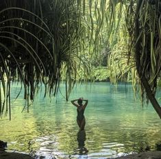 a woman standing in the water surrounded by palm trees and rocks, with her arms behind her head