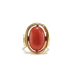 18K, 22K & 24K yellow gold, 14.73cts oval shaped red coral stone A majestic oval of salmon colored coral is a fitting crown for this decorative, elegantly tapered gold ring. • Size 8 (57.15mm) inside circumference • .71" (1.8cm) length, .50" (1.27cm) width of stone • Decorative ring shank tapers down to .24" (.61cm) • One of a kind Elegant Oval Coral Rings, Elegant Coral Oval Rings, Elegant Oval Coral Jewelry, Elegant Coral Oval Jewelry, Formal Coral Oval Jewelry, Red Coral Stone, Red Coral Ring, Rutilated Quartz Ring, Ring Shank