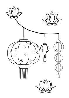 chinese lanterns hanging from a line with lotus flowers