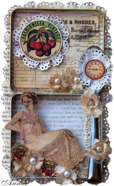 an altered photo with buttons and pearls on it