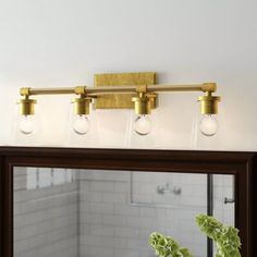 a bathroom vanity light with three bulbs on the side and a mirror in front of it