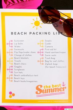 a beach packing list with sunglasses on it