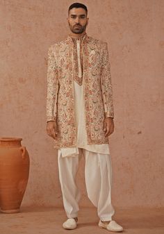 Cream Indo Western Kurta Set With Jacket Kalpraag - Fabilicious Fashion Kurta Set With Jacket, Design On Hand, Design Kurta, Mens Wear Wedding, Yoke Design, Hand Work Design, Men's Ethnic Wear, Vacuum Storage, Indian Wedding Wear