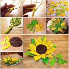 the process of making sunflowers out of leaves is shown in several different pictures