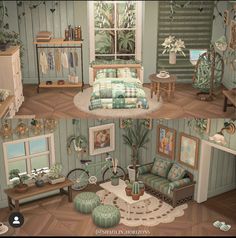 the interior of a dollhouse with furniture and decor in it, including a bed