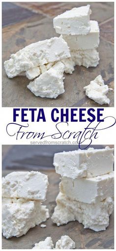 feta cheese cut in half and stacked on top of each other with text overlay