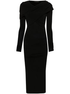 black stretch-design draped detailing crew neck layered details crossover strap detail draped panel detail long sleeves maxi skirt unlined straight hem Pre-draped Long Sleeve Evening Midi Dress, Evening Pre-draped Long Sleeve Midi Dress, Fitted Draped Maxi Dress For Fall, Fitted Long Sleeve Pre-draped Maxi Dress, Fall Draped Midi Dress, Black Maxi Dress With Draped Sleeves, Drape Maxi Dress, Maxi Dress Black, Fantasy Gowns