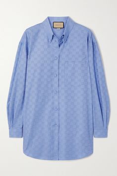 Gucci's lightweight cotton Oxford shirt has been tailored in Italy and jacquard-woven in the label's 'GG Supreme' motif - a house signature since the 1960s. It's designed with dropped shoulder seams to emphasize the boxy cut and has streamlining covered buttons in the same shade of light-blue. Try yours with a few undone. Gucci Shirt Women, Gucci Denim, Gucci Shirt, Shades Of Light Blue, Jacquard Shirt, Gucci Outfits, Design Clothes, Fashion Design Clothes, Oxford Shirt