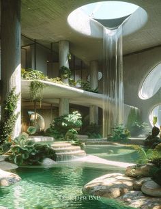 an artistic rendering of a waterfall in the middle of a building with plants growing out of it