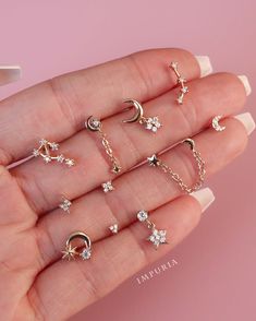 Impuria Ear Piercing, Piercing Jewelry Ideas, Blush Pink Nails, Constellation Earrings, Ear Piercing Studs, Ear Piercing Jewelry, Celestial Crystal, Helix Piercing Jewelry