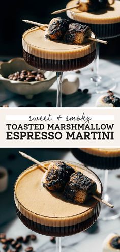 toasted marshmallow espresso martini with coffee beans on the side and text overlay